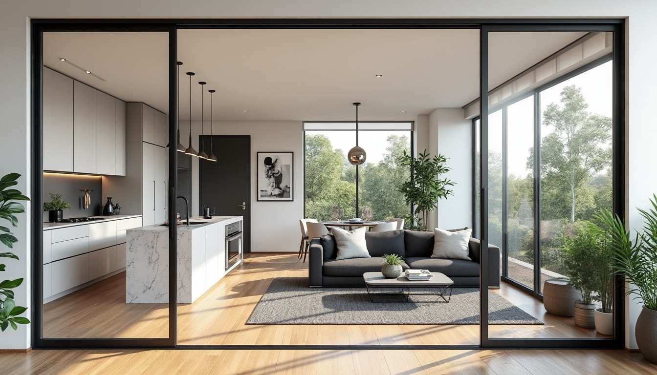 découvrez comment une verrière coulissante permet de moduler facilement l'espace entre le salon et la cuisine, alliant luminosité et fonctionnalité dans votre maison.