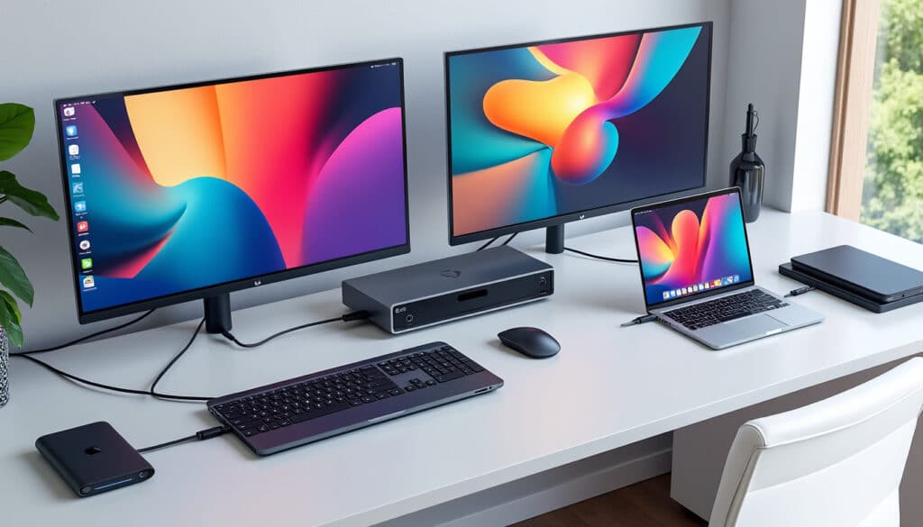 découvrez une station d’accueil pratique qui connecte facilement deux moniteurs à votre ordinateur portable pour une productivité optimale.